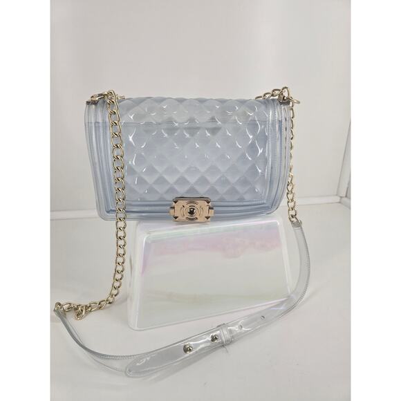 Clear Quilted Jelly Crossbody Purse w/ Gold Chain Strap – 9" Transparent Bag - Picture 1 of 8